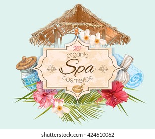 Spa treatment banner with lotus,hibiscus and bungalow roof. Design for cosmetics, store,spa and beauty salon, organic health care products. Can be used as logo design. Vector illustration.