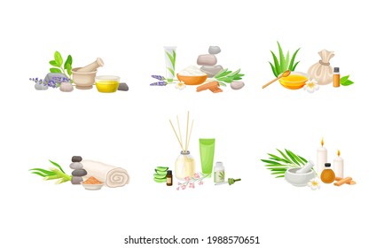 Composición de tratamiento con bambú, aceite esencial y piedras para el conjunto de vectores de masaje corporal de energía