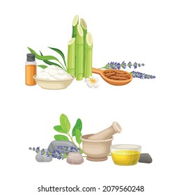 Spa Treatment Composition with Bamboo, Essential Oil and Stones for Energy Body Massage Vector Set