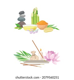 Spa Treatment Composition with Bamboo, Essential Oil and Incense Sticks for Energy Body Massage Vector Set