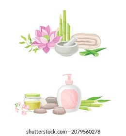 Spa Treatment Composition with Bamboo, Essential Oil and Stones for Energy Body Massage Vector Set