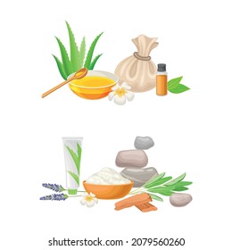 Spa Treatment Composition with Sandalwood, Essential Oil and Stones for Energy Body Massage Vector Set