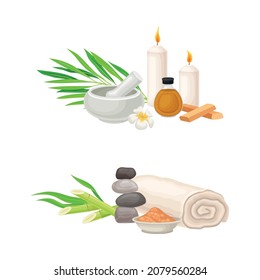 Spa Treatment Composition with Sandalwood, Essential Oil and Stones for Energy Body Massage Vector Set