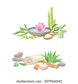 Spa Treatment Composition with Sandalwood, Rolled Towel and Stones for Energy Body Massage Vector Set
