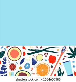 Spa treatment concept banner, flat lay composition with natural cosmetic products peeling and massage brushes. View from above, blank space for a text. Vector