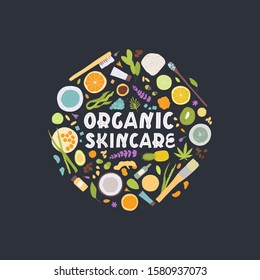 Spa treatment concept, flat lay composition with natural cosmetic products peeling and massage brushes. View from above with Organic skincare text. Vector