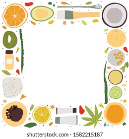 Spa treatment concept, flat lay composition with natural cosmetic products peeling and massage brushes, view from above, blank space for a text. Vector