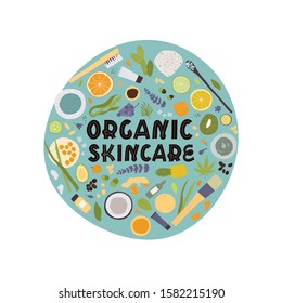 Spa treatment concept, flat lay composition with natural cosmetic products peeling and massage brushes. View from above with Organic skincare text. Vector