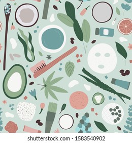 Spa treatment concept, flat lay composition. Seamless pattern with natural cosmetic products peeling and massage brushes. Vector