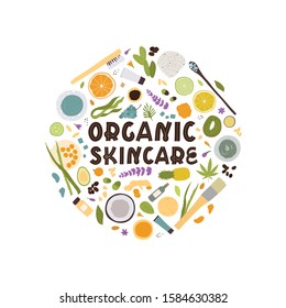 Spa treatment concept, flat lay composition with natural cosmetic products peeling and massage brushes. View from above with Organic skincare text. Vector