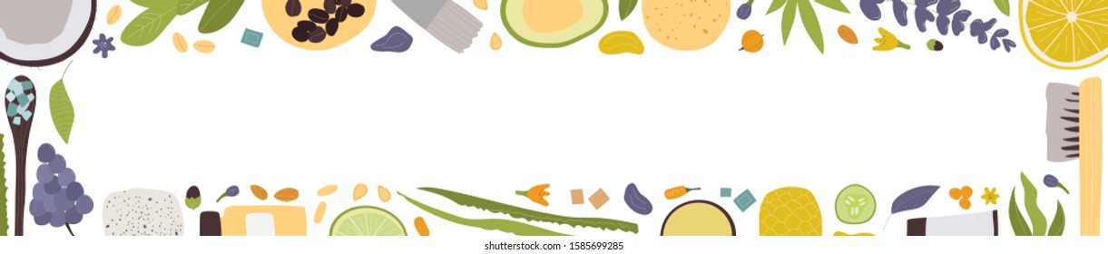 Spa treatment concept, flat lay banner with natural cosmetic products peeling and massage brushes, view from above, blank space for a text. Vector