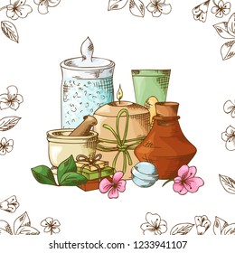 Spa treatment. Hand drawn elements on white background. Healthcare and beauty template for salon. Vector illustration.