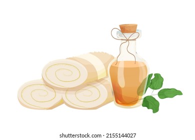 Spa treatment rolled towel lying in stack, sandal oil in glass bottle in cartoon style isolated on white background, Beauty procedure