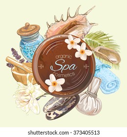Spa treatment round banner with lotus,shells, frangipani and stones.Design for cosmetics, store,spa and beauty salon, organic health care products. Can be used as logo design. Vector illustration.