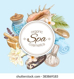 Spa treatment round banner with lotus,shells, frangipani and stones.Design for cosmetics, store,spa and beauty salon, organic health care products. Can be used as logo design. Vector illustration.