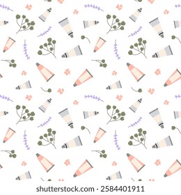 spa and treatment seamless background with creams, lavender, eucalyptus leaves.  Lovely design for print, seamless design for textile, packaging, card, background.