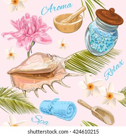 Spa treatment seamless pattern with pink lotus, frangipani and palm leafs .Design for cosmetics, store,spa and beauty salon.Vector illustration