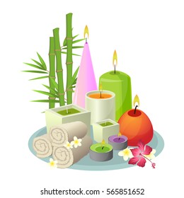 Spa treatment set of white rolled towels, colourful candles in round and rectangular shapes, tropical plants on gray tray. Aromatherapy vector collection of things in eastern style on white.