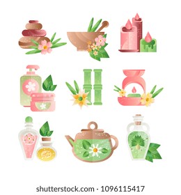 Spa treatment symbols set, basalt stones, aromatic oils, lotions, candles vector Illustrations on a white background