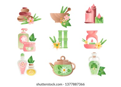 Spa treatment symbols set, basalt stones, aromatic oils, lotions, candles vector Illustrations on a white background