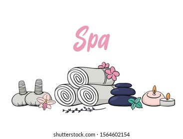 SPA treatment vector illustration with towels, stones, aroma candles and flowers.