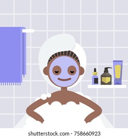 Spa treatment. Young black girl lying in the bath with soap foam. Relaxation. Bathroom. Face mask and hair wrapped in a towel.  Flat editable vector illustration, clip art