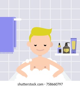 Spa treatment. Young character lying in the bath with soap foam. Relaxation. Bathroom. Flat editable vector illustration, clip art