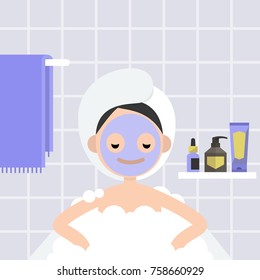 Spa treatment. Young girl lying in the bath with soap foam. Relaxation. Bathroom. Face mask and hair wrapped in a towel.  Flat editable vector illustration, clip art