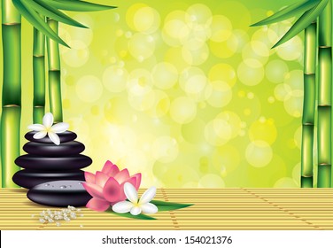 Spa treatment with zen stones, lotus, plumeria flowers, on green bamboo background vector