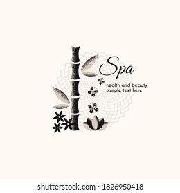 Spa treatments icons for graphic and web design, background for invitations to beauty salon, spa, advertising of natural products, cosmetics, body care.Vector illustration. Flat design.
