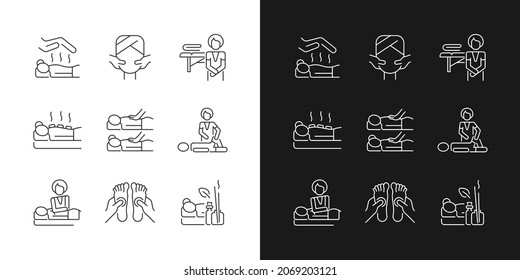 Tratamiento de los iconos lineales establecidos para el modo oscuro y luminoso. Sesión de Reiki. Masaje facial. Terapia de piedras calientes. Símbolos de línea delgada personalizables. Ilustraciones aisladas del contorno vectorial. Trazo editable