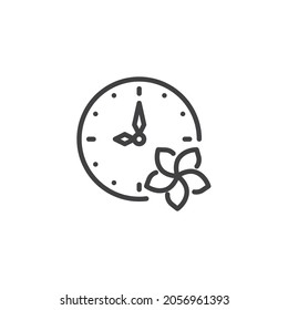 Spa treatments time line icon. linear style sign for mobile concept and web design. Clock with flower outline vector icon. Symbol, logo illustration. Vector graphics