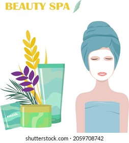 Spa treatments. Vector illustration. The girl in the beauty salon with a mask on her face. Flyer for use in advertising, packaging, covers and prints in beauty salons.