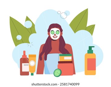 Spa treatments woman. Young girl in face mask from natural products. Skincare and beauty procedures. Cosmetology and dermatology. Rejuvenation and moisturizing. Flat vector illustration