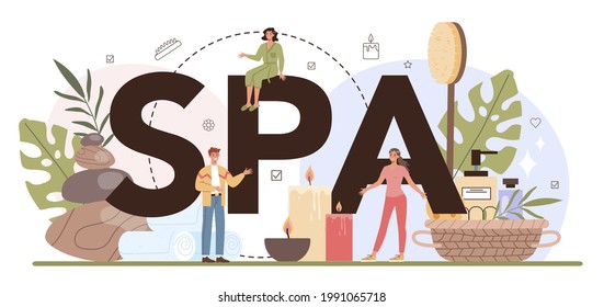 Spa typographic header. Massage procedure in beauty salon. Back treatment and relaxation therapy. Person on massage table. Isolated flat illustration