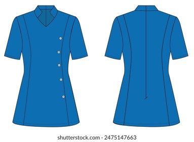 SPA UNIFORM SHIRT, KURZÄRMELIGES SHIRT, STIL-SHIRT. FLACHE BESCHREIBUNG, VORDER- UND RÜCKSEITE DES SHIRTS