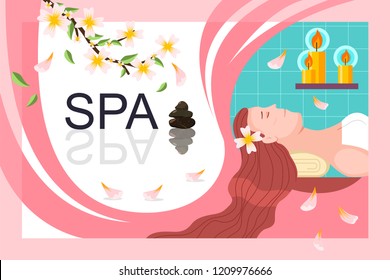 Spa vector concept cartoon illustration with a girl on massage bed and relaxing in a beauty salon.