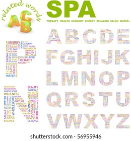 SPA. Vector letter collection. Illustration with different association terms.