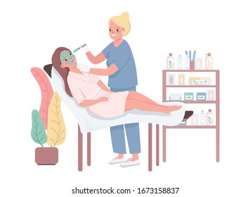 Spa visit flat color vector characters. Female beautician applying green mask. Young woman getting facial cosmetic treatment. Skin care procedure. Beauty salon isolated cartoon illustration