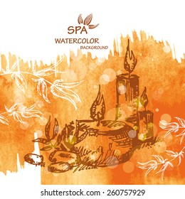 Spa watercolor background with candles in vector. 