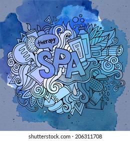 Spa watercolor cartoon hand lettering and doodles elements background. Vector illustration