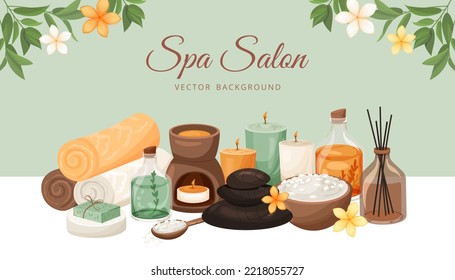 Spa, welllness, beauty salon background. Banner with cosmetics, accessories for relaxation, bodycare. Promotion template design with cosmetic bottles with oil, aroma sticks, candles for aromatherapy