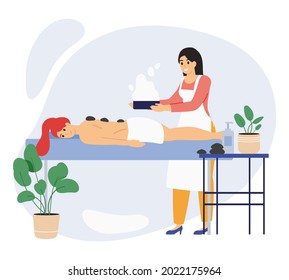 Spa wellness beauty center relaxing female client. Beauty salon procedures, relaxing wellness massage or body wraps vector illustration set. Beauty center concept with worker doing treatment for woman
