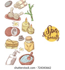 Spa Wellness Beauty Hand Drawn Background. Aromatherapy Health Elements Set. Skin Treatment. Vector illustration