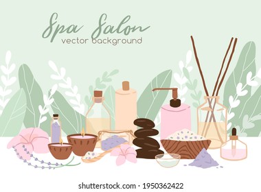 Spa, wellness and beauty salon background. Promotion template design with flowers, leaves, cosmetic bottles and packagings. Flat vector illustration of banner with organic cosmetics and plants