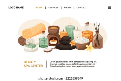 Spa, wellness, beauty salon banner for website. Cosmetics, accessories for relaxation, bodycare. Vector template design with cosmetic bottles for menu, advertising, beauty salon, cosmetic store