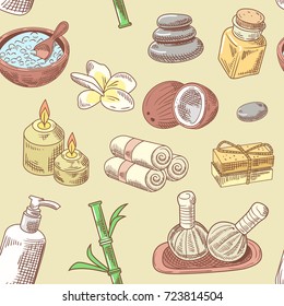 Spa Wellness Beauty Seamless Pattern. Aromatherapy Health Elements Background. Skin Treatment. Vector illustration