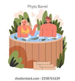 Spa wellness concept. Man and woman enjoying a herbal phytobarrel bath surrounded by nature. Tranquil health retreat scene. Vector illustration.