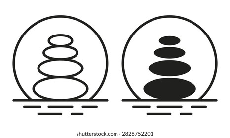 Spa wellness decorative elements set, minimalist line, balanced stones, zen circles, water ripples, and calm meditation