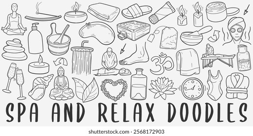 Spa and Wellness Doodle Icons. Hand Made Line Art. Relax Clipart Logotype Symbol Design.